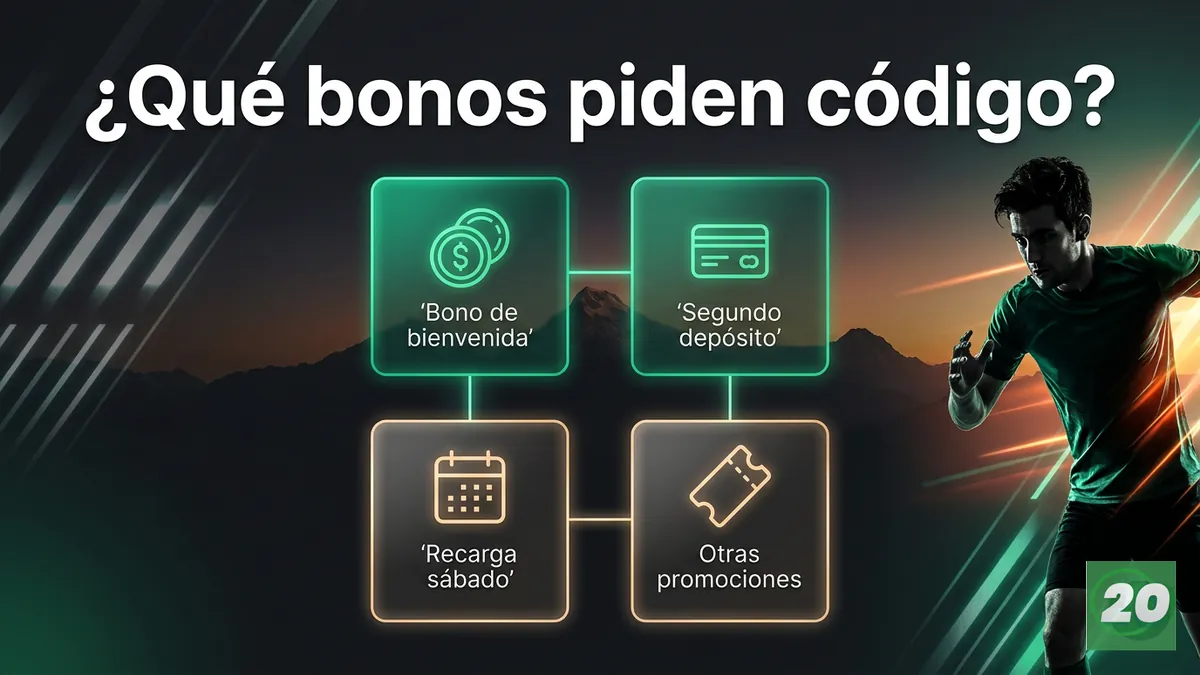 Comparación visual de bonos de 20Bet Chile que necesitan código promocional y bonos que se activan sin código.