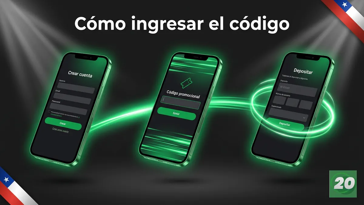Secuencia de pantallas de celular que muestra los pasos para ingresar el código promocional en 20Bet Chile.