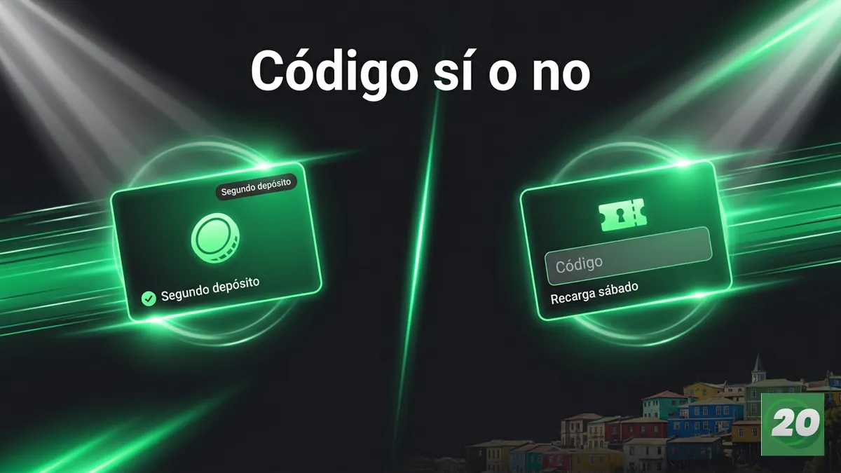 Comparación entre el bono de segundo depósito sin código y la recarga del sábado que sí exige código en 20Bet Chile.