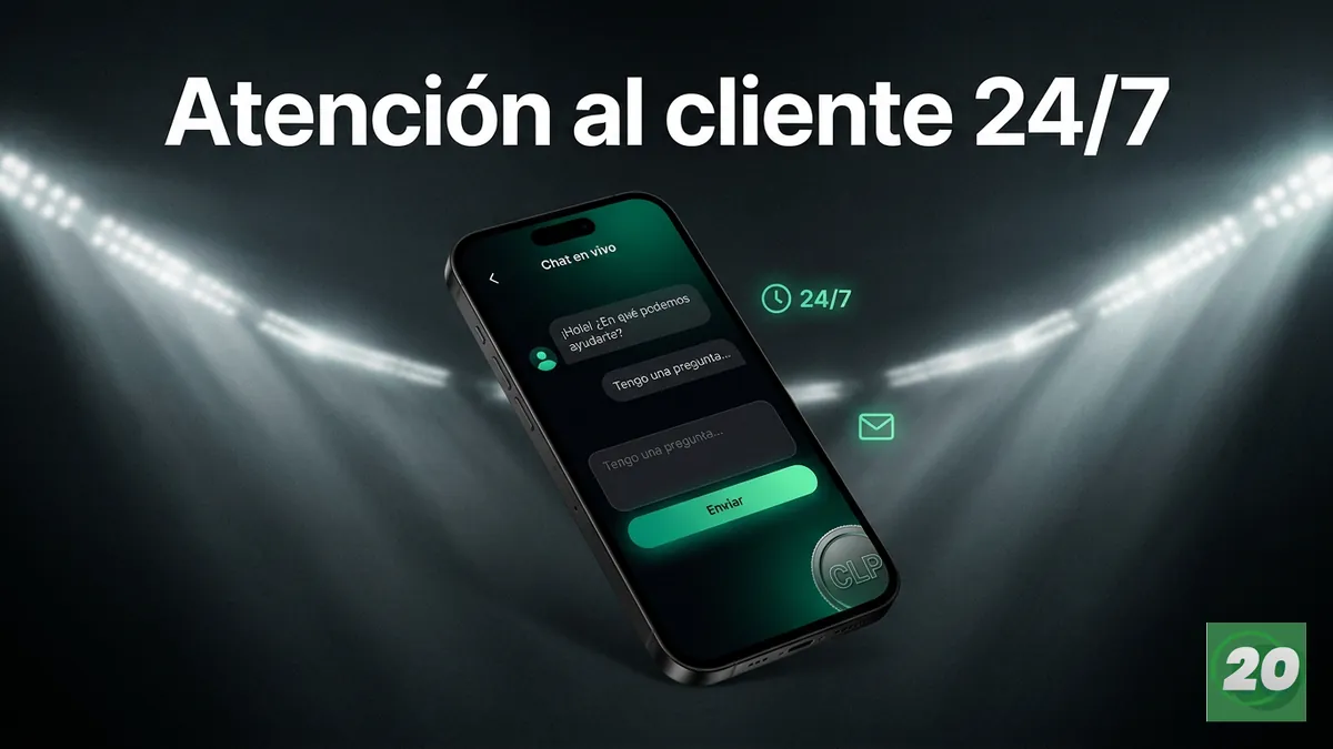 Mockup de chat de atención al cliente en español disponible 24/7 para reclamos en 20Bet Chile